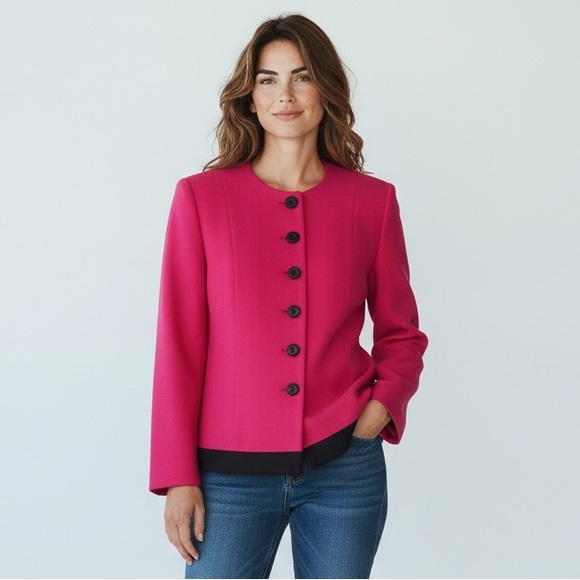 CHRISTIAN DIOR Vintage Button Down Blazer Fuschia & Black Trim Size 10P - Picture 1 of 11